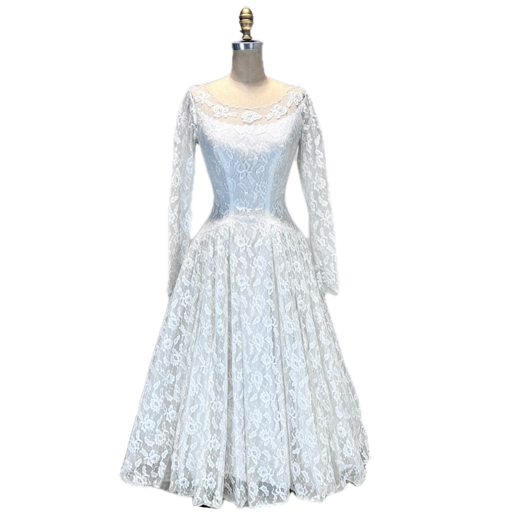 VINTAGE MCM 50s mid century lace wedding dress gown full long sleeve floral - Picture 3 of 16